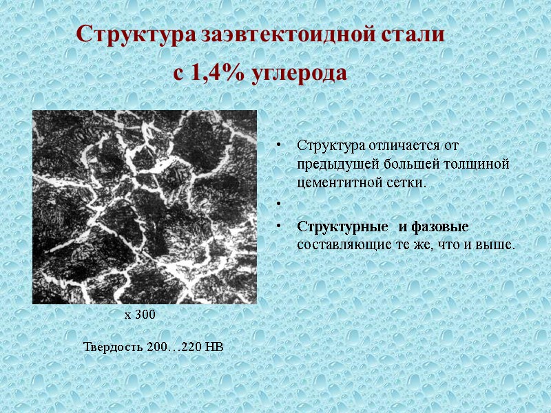 Структура заэвтектоидной стали  с 1,4% углерода  Структура отличается от предыдущей большей толщиной